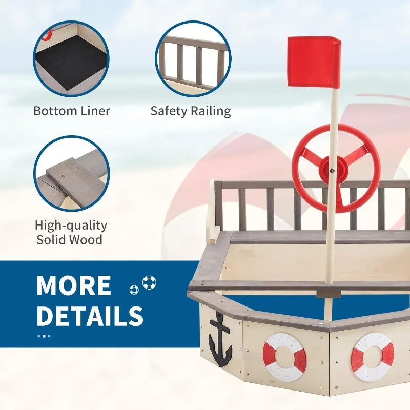 Large Wooden Sand Box Red Flag Rudder Lifebuoy Decoration Anchor Sign Bench Seats Storage Sand Pit for Beach Outdoor Light Wood 5