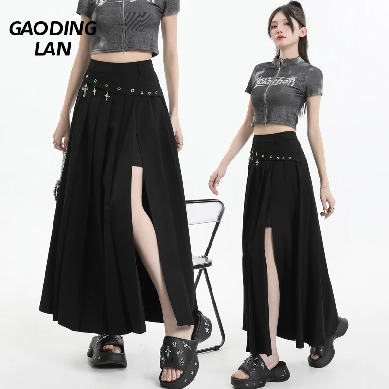 

GAODINGLAN High Waist A Line Black Skirt Women Slim Fit Sexy Slit Fold Skirts Summer High Quality Solid Temperament Skirt Korean