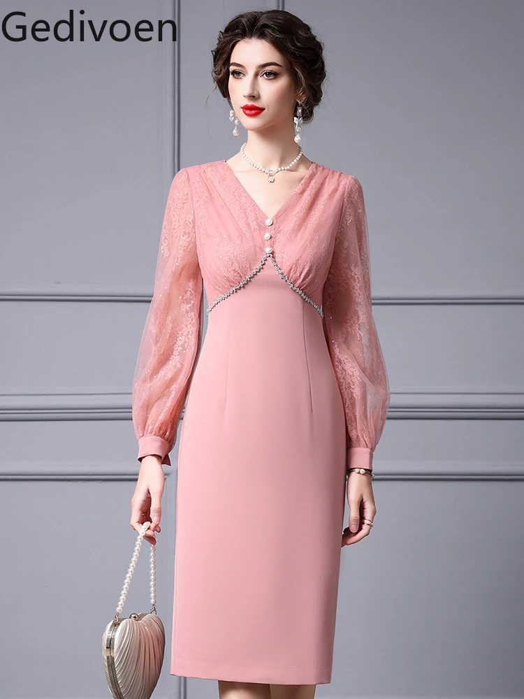 

Gedivoen Summer Fashion Runway New Designer Office Lady Style Dress Lantern Sleeve Beading Noble Light Luxury Hip Wrap Dress