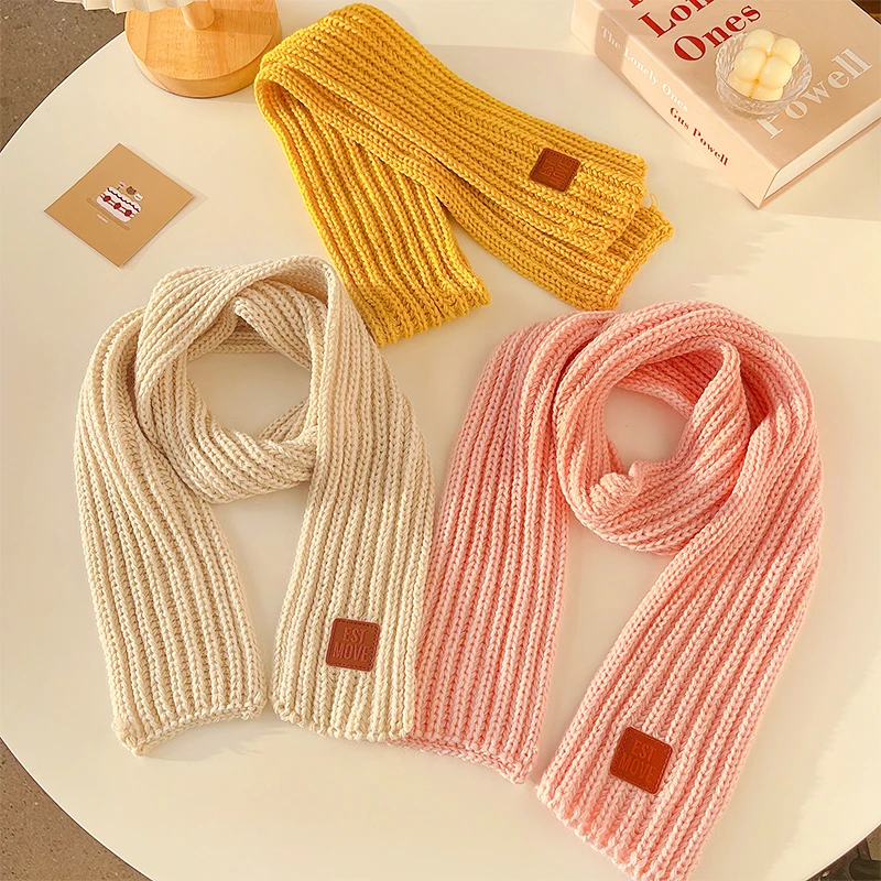 New Winter Children Colors Soft Knitting Wool Thermal Scarf Boys Girls Lovely Outdoor Warmer Scarf Kids Solid Labelled