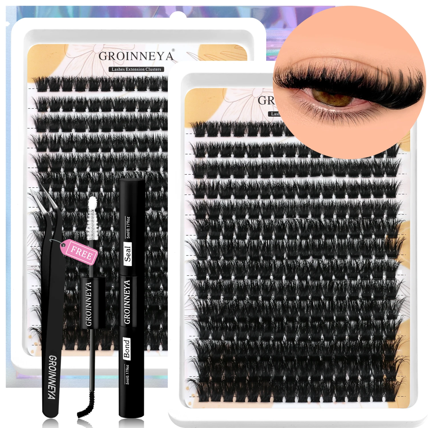 Lash Clusters Kit GROINNEYA With Waterproof Strong Hold DIY Lash Extension Bond And Seal And Eyelash Tweezers Makeup