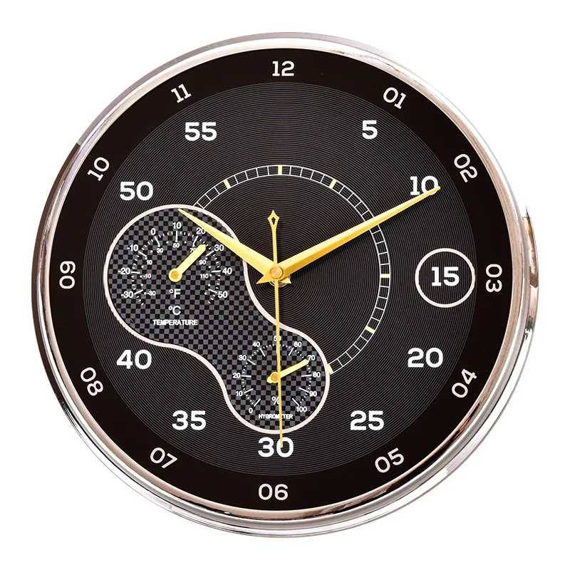 Light Temperature and Humidity Mute Wall Clock Simple Metal Atmosphere Clock Watch Black  