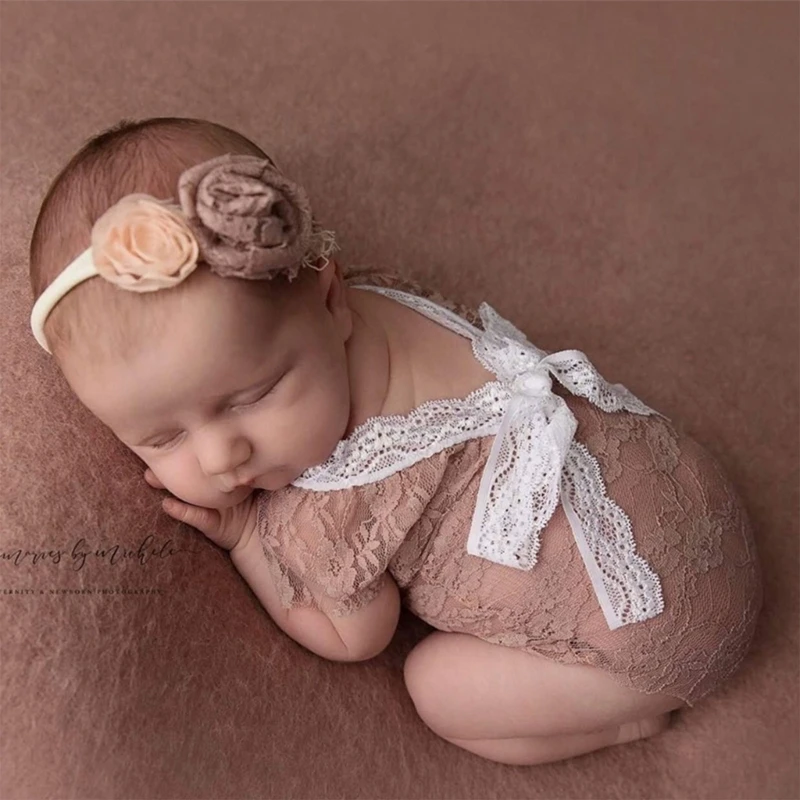 

Lace Romper Newborn Photography Props Girl Outfits Baby Photoshoot Photo 3pcs