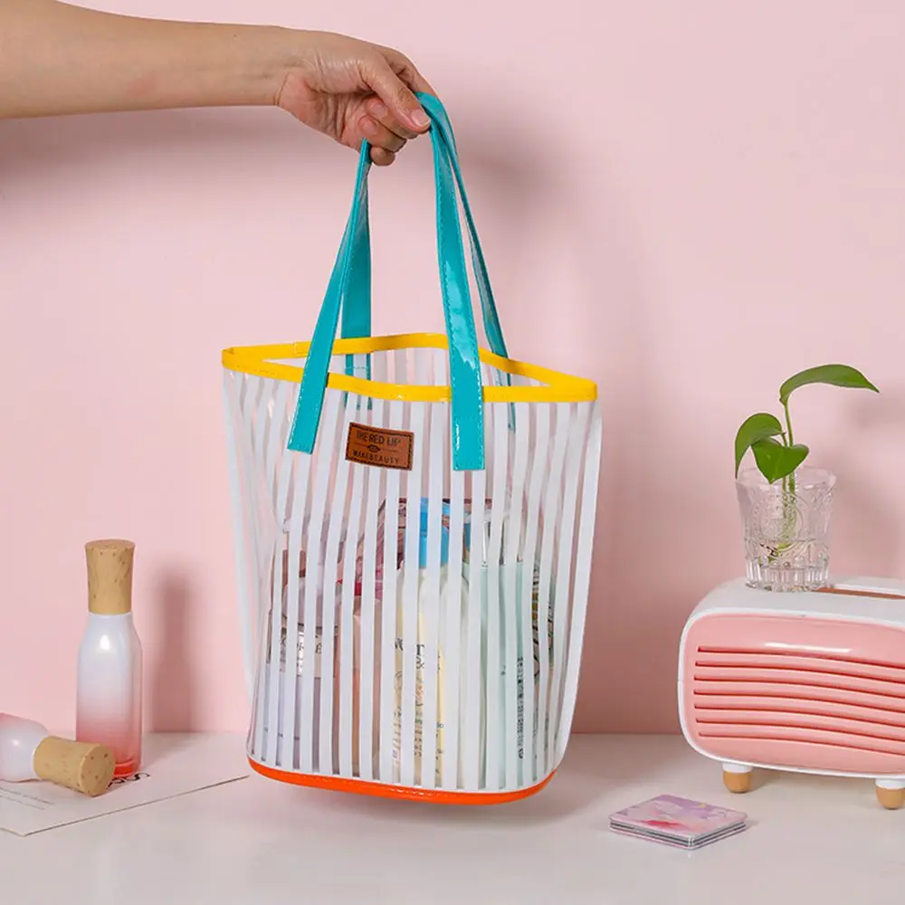 Large Capacity Transparent Handbag Waterproof Stripe Print Beach Bag Wash Bag Protable Travel Shopping Sundry Storage