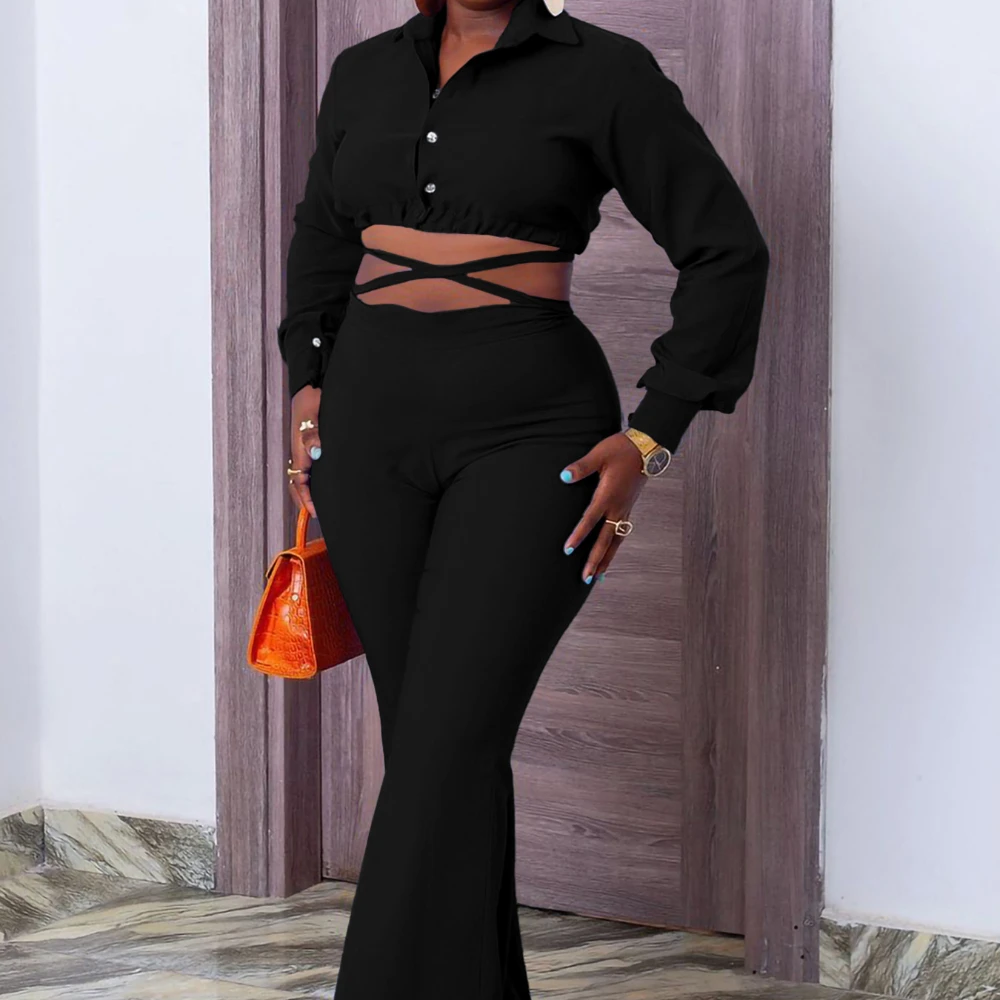 

Женский костюм из двух предметов, рубашка с лацканами и брюки-клеш с завышенной талией в европейском и американском стиле, большие размеры, D476