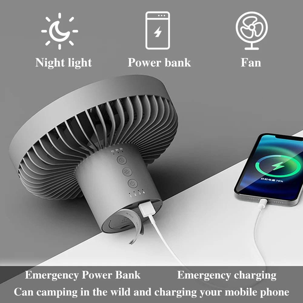 Ventilatore da campeggio con supporto per treppiede ventilatore elettrico da soffitto Wireless portatile ricaricabile USB con ventola di raffreddamento ad aria con luce a Led Power Bank