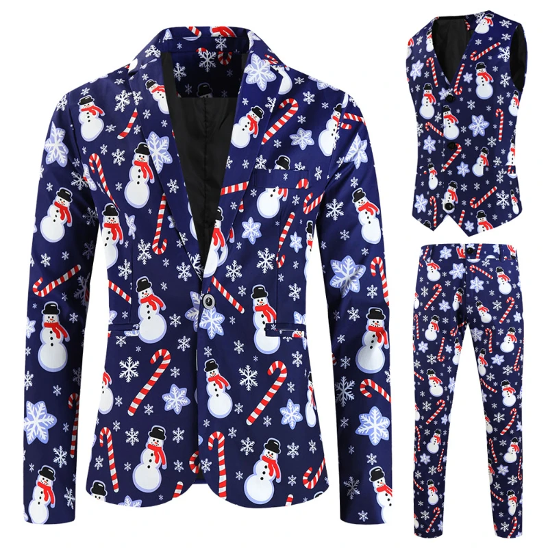 Merry Christmas Printed 3 Piece Suits Sets Men （ Blazers + Vest + Trousers ） Funny Xmas One Button Mens Blazer Set Plus Size 4XL