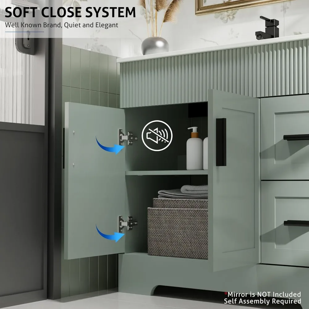 36" Bathroom Vanities Sink Combo with Painted Surface, Drawered Cabinet W/Decorative Wave Lines, Matte Black Faucet Drain, Green 5