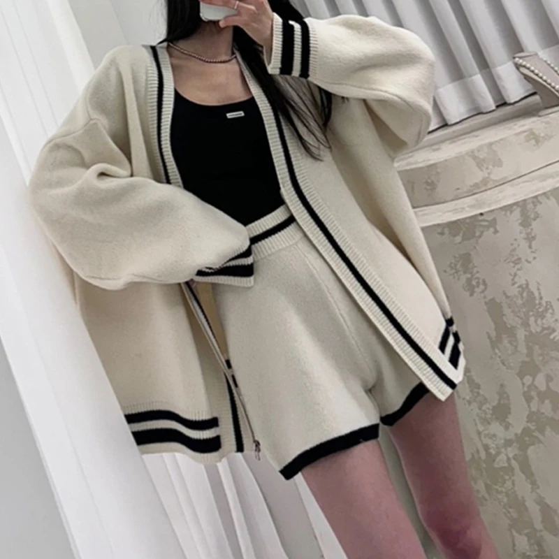 Women V Neck Long Sleeve Knitted Sweater Set