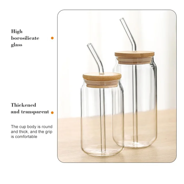 20 Oz Drinking Glasses with Bamboo Lids and Glass Straw - 6 Pcs Can Shaped Glass  Cups