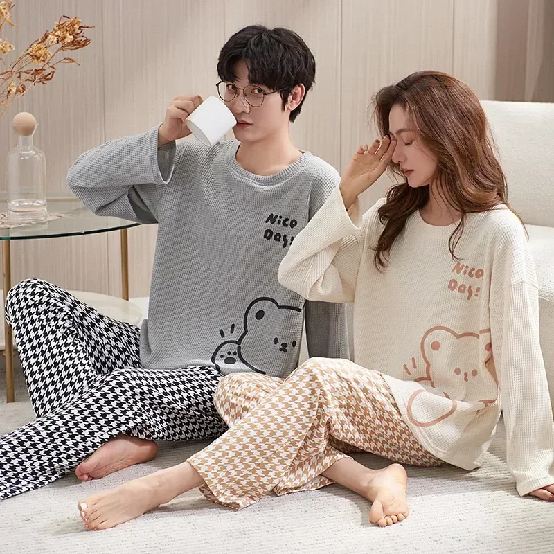 

Pajamas Couple Cotton Neck Pyjamas Autumn Winter Round 2piece Set Nightwear Suit Lover Sleeve Long Bear Print Men Sweet Pure