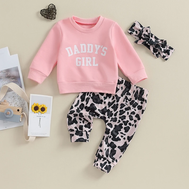 

Baby Girl Fall Spring Outfits Letter Print Crew Neck Long Sleeve Sweatshirts Leopard Print Long Pants Headband 3Pcs Clothes Set
