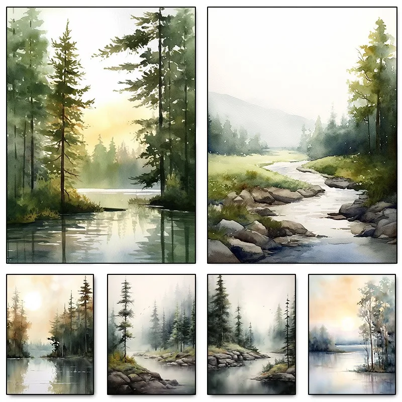 Forest Lake Watercolor Abstract Landscape Art Poster Mountain Evergreen ...
