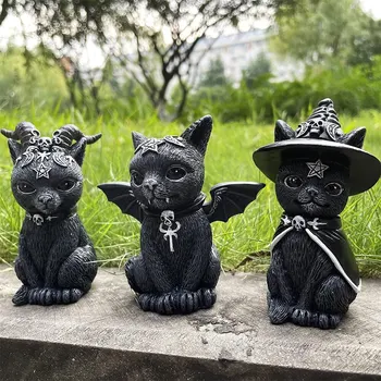 Black Cat Statue Mysterious Cute Cat Witch Cat Figurine Witches Decor Desk Ornament Hand-Painted Sculpture for Halloween 1PC