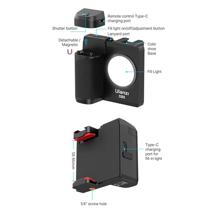 T31C-Ulanzi CG02 Smartphone Handheld Selfie Grip Bluetooth Remote With Fill Light Selfie Handle Grip CRI 95+ 15M Remote Zoom