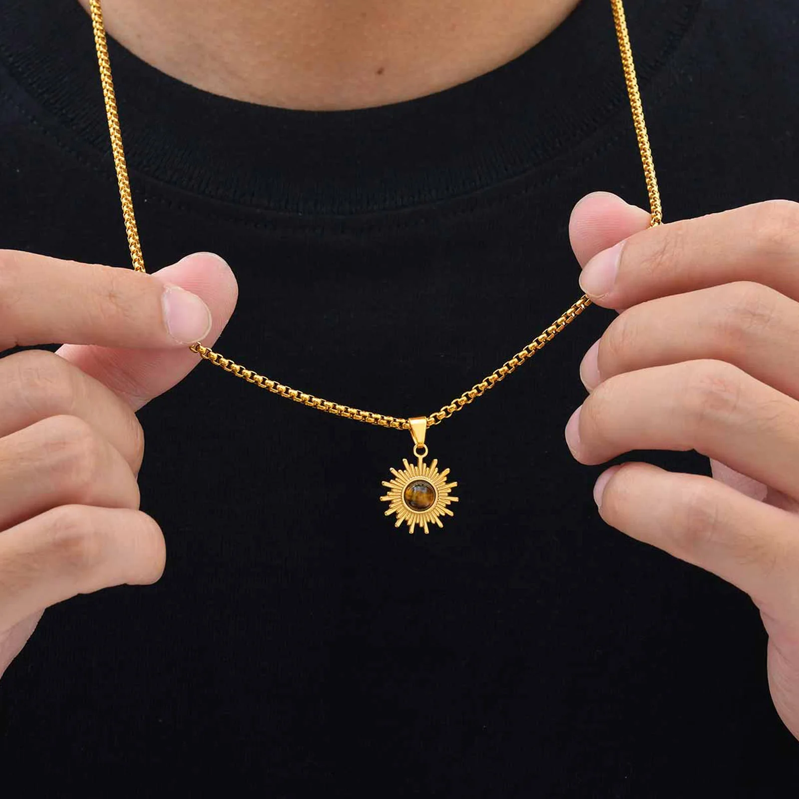 Trendige Sonnenblumen-Halskette für Männer und Jungen, Edelstahl-Naturstein-Anhänger, Schmuckgeschenk für Ehemann, Vater, Sohn, BBF