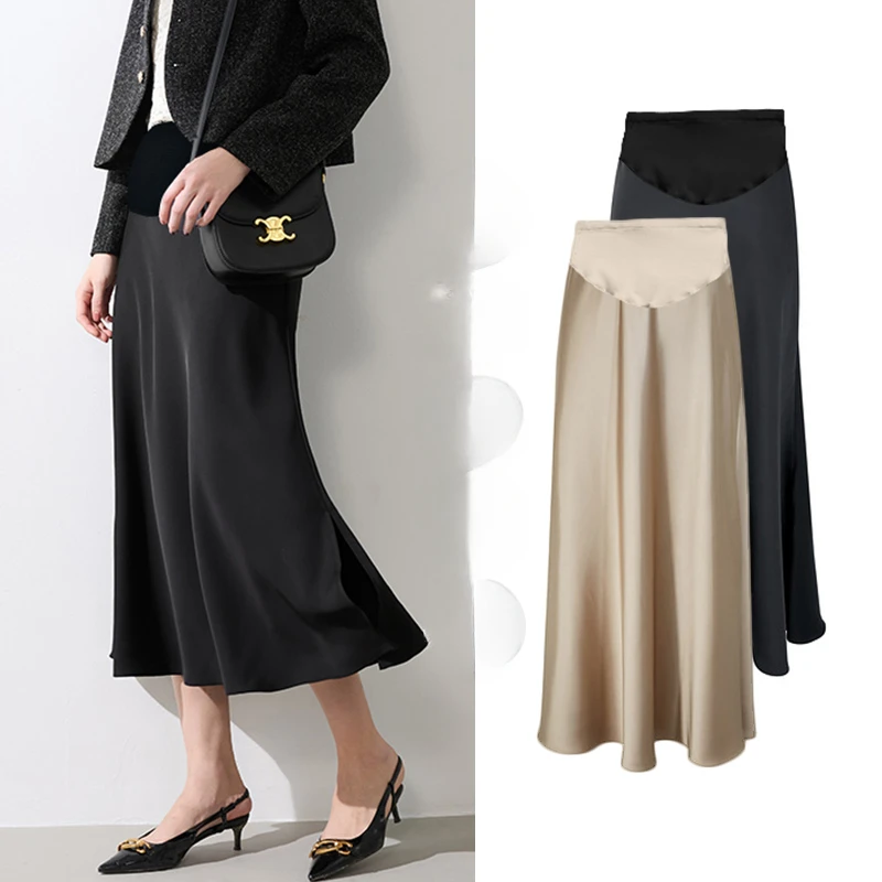 Korean Style Spring Autumn Maternity Belly Skirts Both Side Split Pregnant Woman Lightweight Satin Skirt Pregnancy Party Clothes