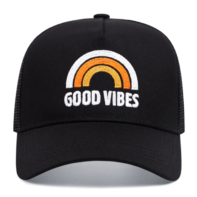 New GOOD VIBES Rainbow Embroidery Baseball Hat Men Women Hip Hop Snapback Trucker Cap Outdoor Mesh Breathable Sunscreen Hats 6