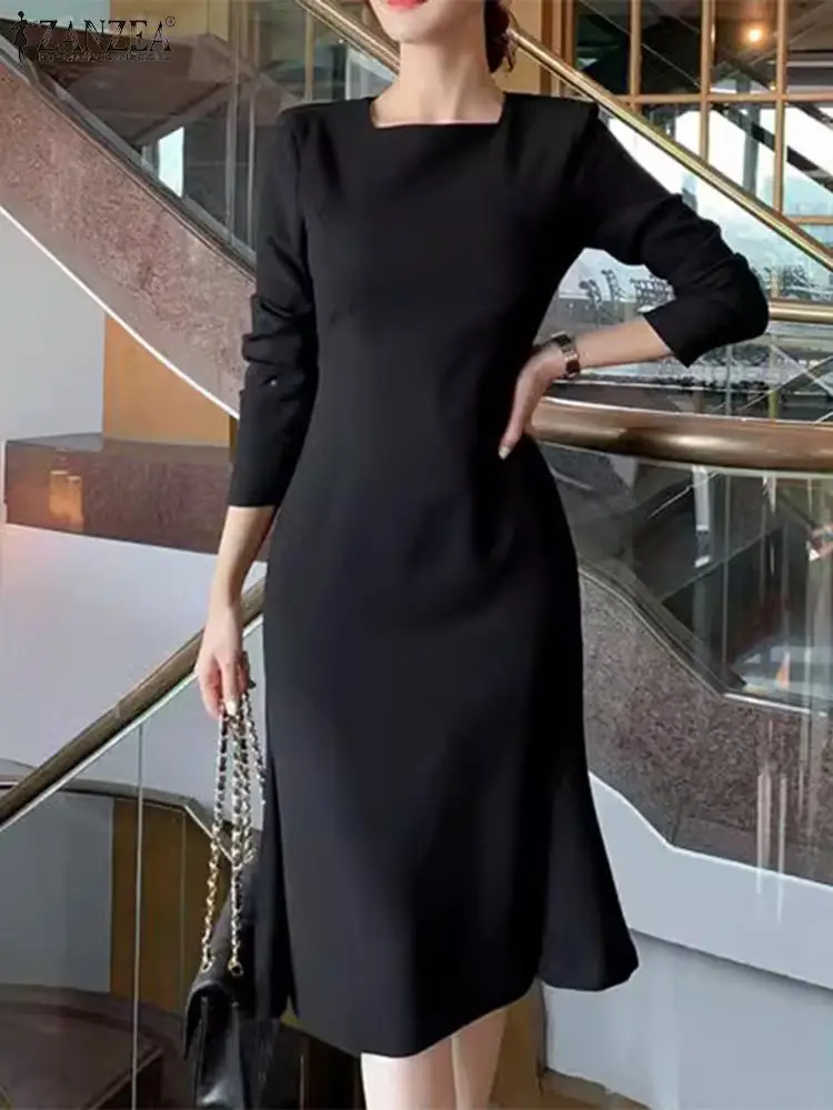 

ZANZEA Elegant Square Collar Slim Dress Women OL Work Sundress Fashion Long Sleeve Solid Vestidos Autumn Midi Dresses Robe Femme
