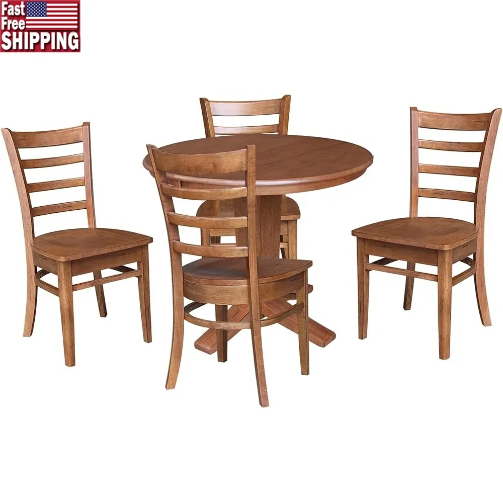 36 Inch Solid Wood Round Dining Table with Leaf 4 Chairs Distressed Oak Extension Set Pedestal Base Sturdy Home Furniture