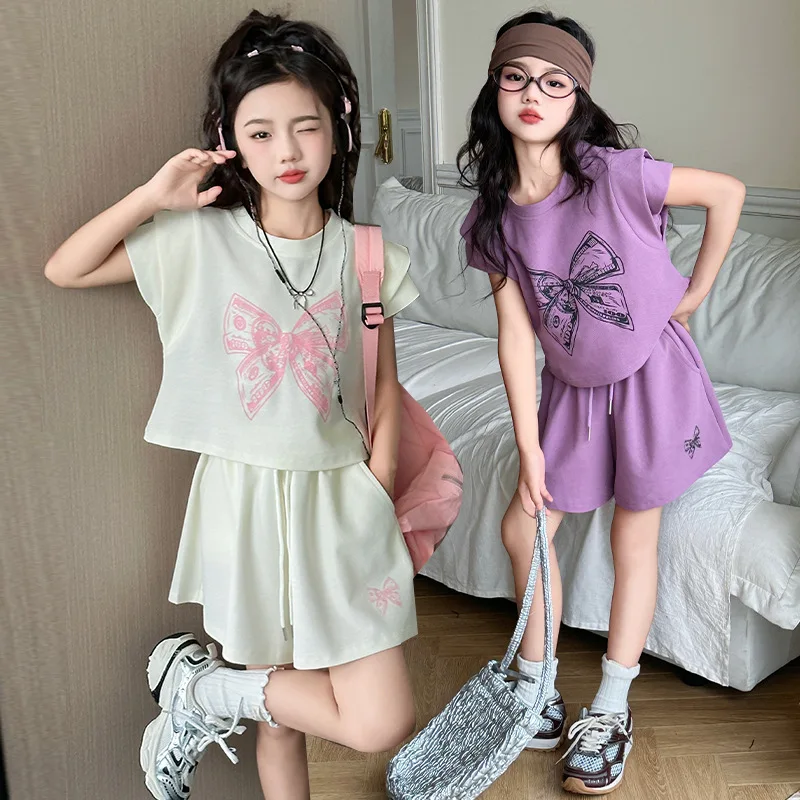 

Fashion Girls Sets 2024 Summer New Girls' Bow Fly Short Sleeve + Shorts Suit Teenage Kids Sports Streetwear Children Clothes 12+