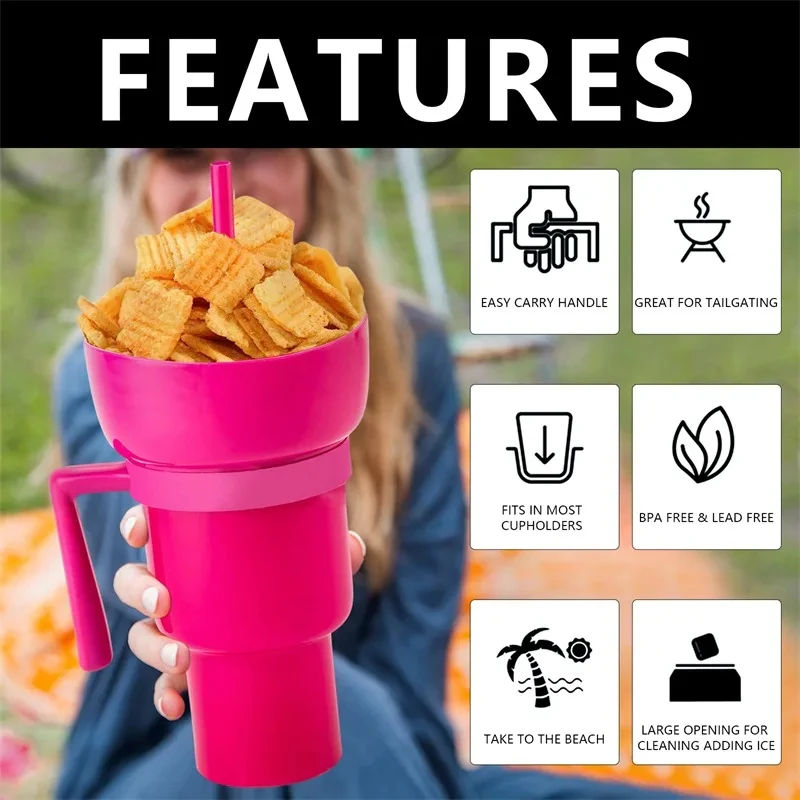 Description Picture 6 of itemStadium Tumbler Popcorn Drink Cola Cup 2 In 1 Snackies Cup Portable Splash Snack Bowl Chicken Storage Bowl with Handle Straw Cup