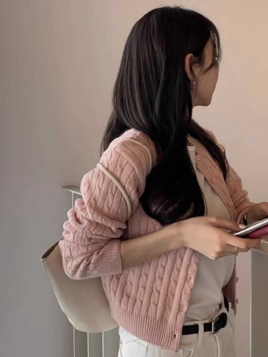 여성용 트위스트 플라워 핑크 귀여운 가디건 스웨터, O-넥 긴팔, 싱글 브레스트 코튼 아우터, 캐주얼 루즈 스웨터, 가을
