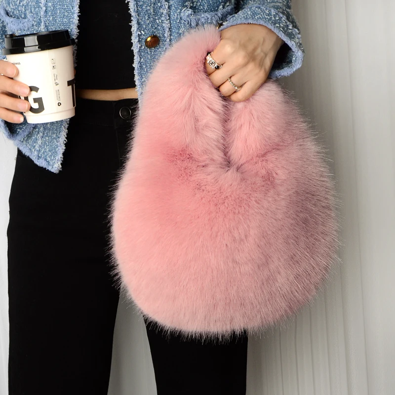 Women's Winter Casual Furry Shoulder Bag Soft Plush Solid Color Clutch Purse Lightweight Female Hobos Handbag