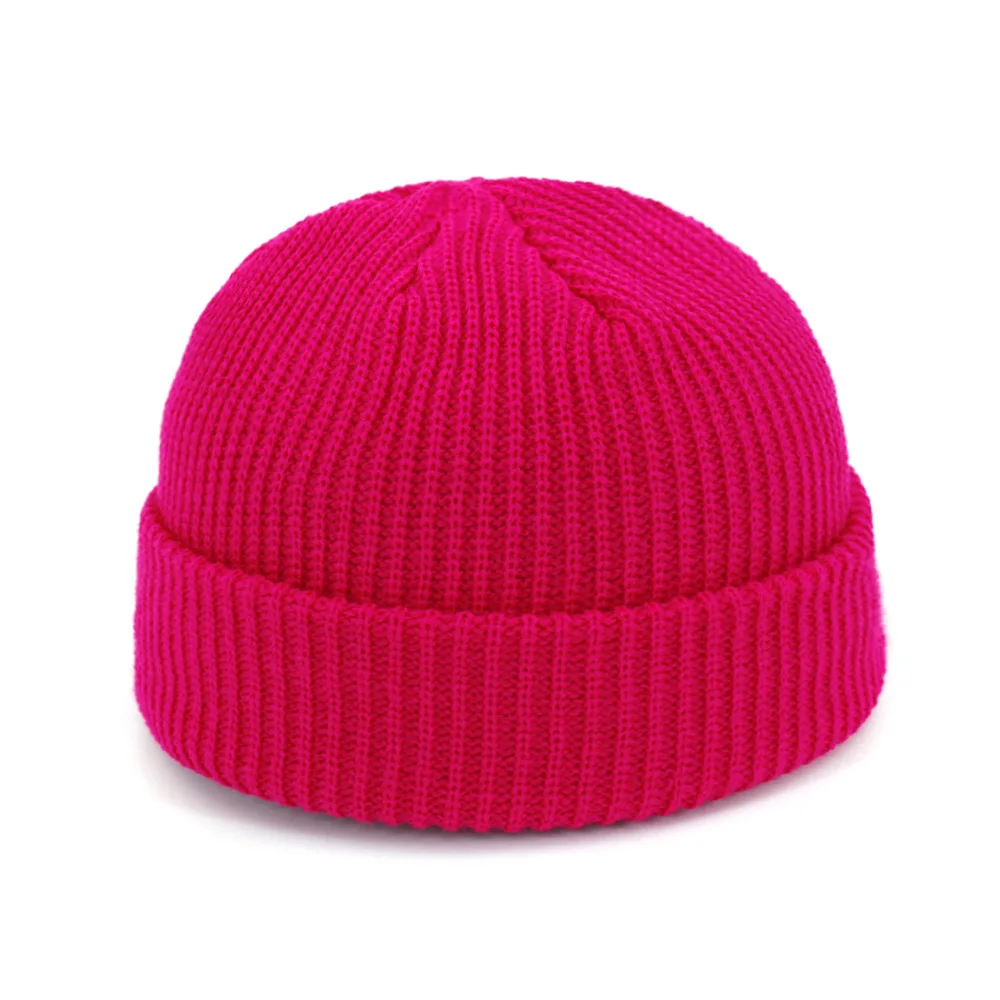 Unisex Retro Navy Solid Color Warm Knit Beanie with Roll-Up Edge