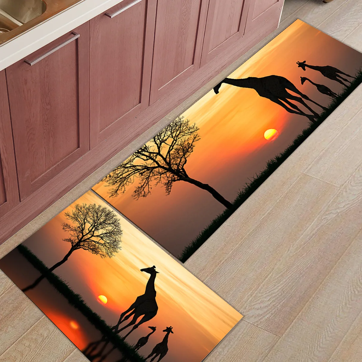 

Africa Tree Giraffe Silhouette Sunrise Long Kitchen Carpet Floor Home Entrance Doormat Bedroom Living Room Decor Rug Hallway Mat