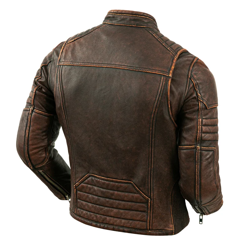Men's Natural Leather Jacket First Layer Calfskin Stand Collar Motorcycle Jacket Retro Brown Cowhide Biker Clothes men leather jacket