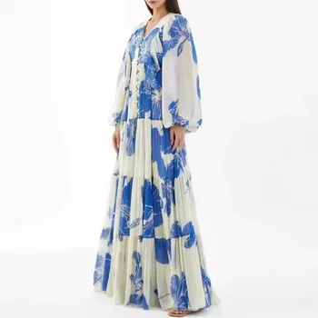 Abito da donna elegante con maniche lunghe a lanterna Abito da fata autunno chic da principessa con stampa ampia con scollo a V e bottoni con volant Abito lungo da vacanza bohémien