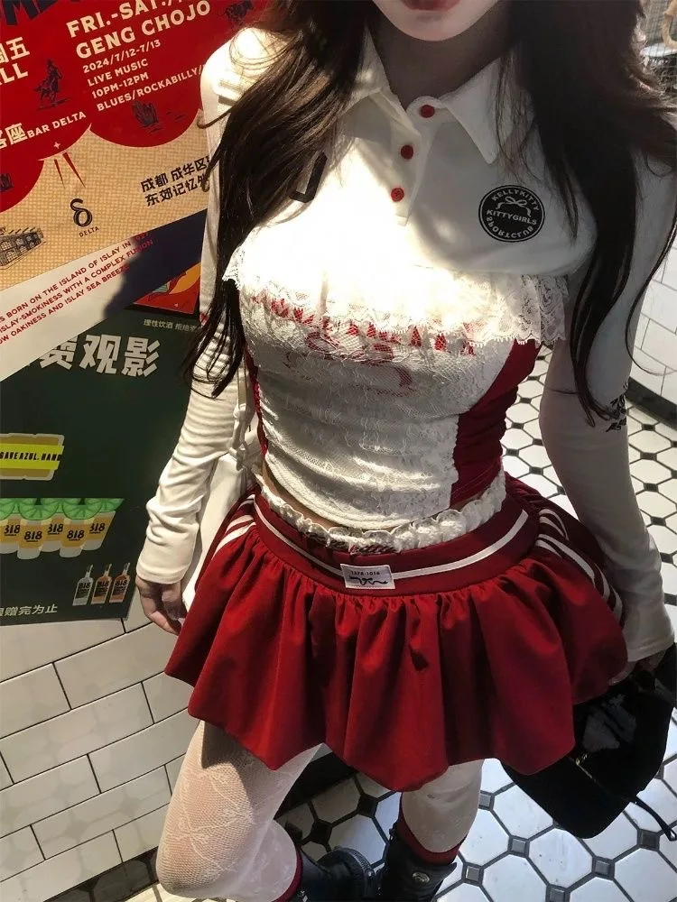 Y2K New Hot Girl Style Skirt Suit Bow Trousers Fashion Sexy Two Piece Lace Design Street Harajuku Mini Skirt Polo Long Sleeves 3