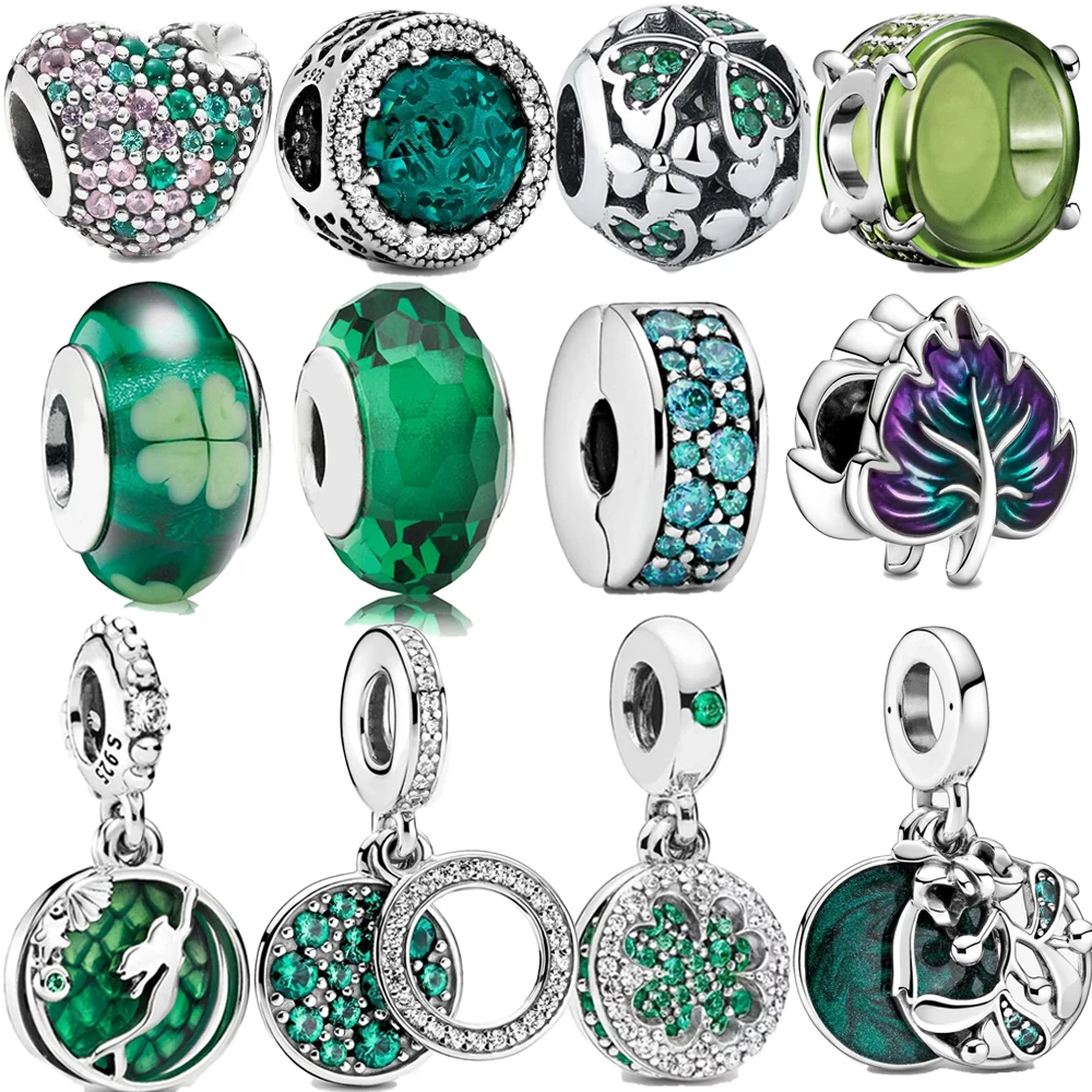 

Original 925 Sterling Silver Pavé Green CZ Zircon Beaded Lucky Fourleaf Clover Charm Fit Brand Bracelet DIY Ladies Gift Making