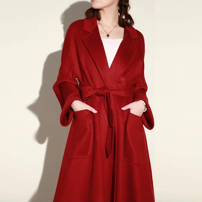 

2023 Max High-end Water Ripple Double-sided Cashmere Coat Women's Medium and Long Bathrobe Autumn and Winter New Lace Up Wool Co