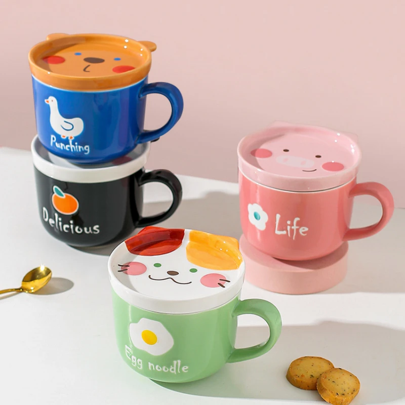 

Ceramic Cute Cartoon Mugs With Lids Europe Kawaii Style Panda Cat Pink Pig Brown Bear Sharp Under Glazed Breakfast Office Cups