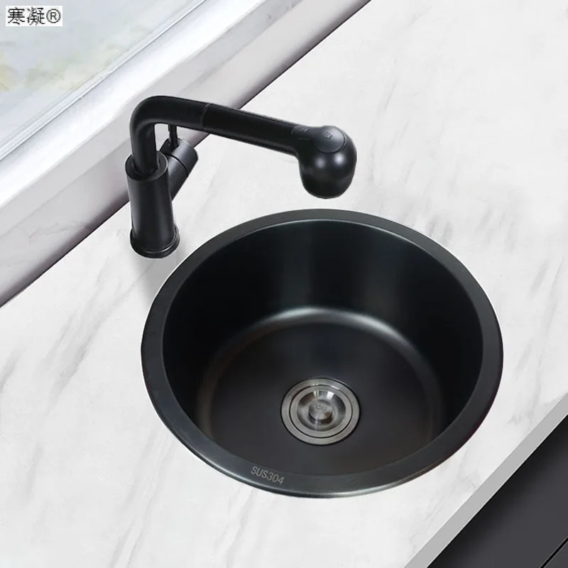 Black Nano round Sink 304 Stainless Steel Single Sink Bar Counter Balcony Kitchen Island Kitchen Washing Basin Small Size