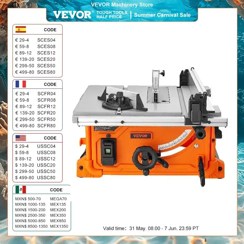 VEVOR 254mm 10inch Table Saw Electric Woodworking Cutting Machine with Dust Port 25in Rip Capacity for DIY Wood Plastics Cutting