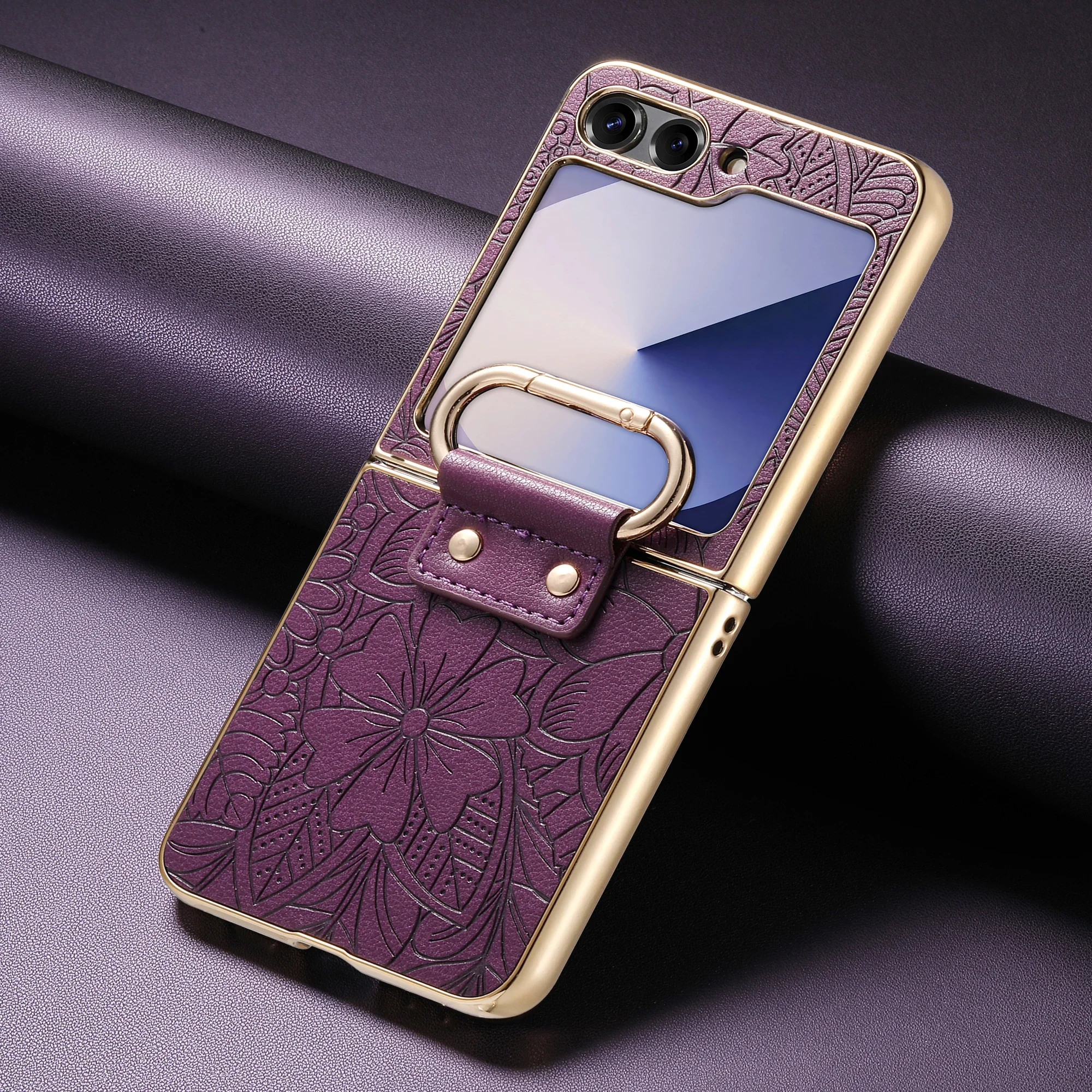 Leather Embossed Flower Phone Case with Ring Buckle and Electroplated Shockproof Design