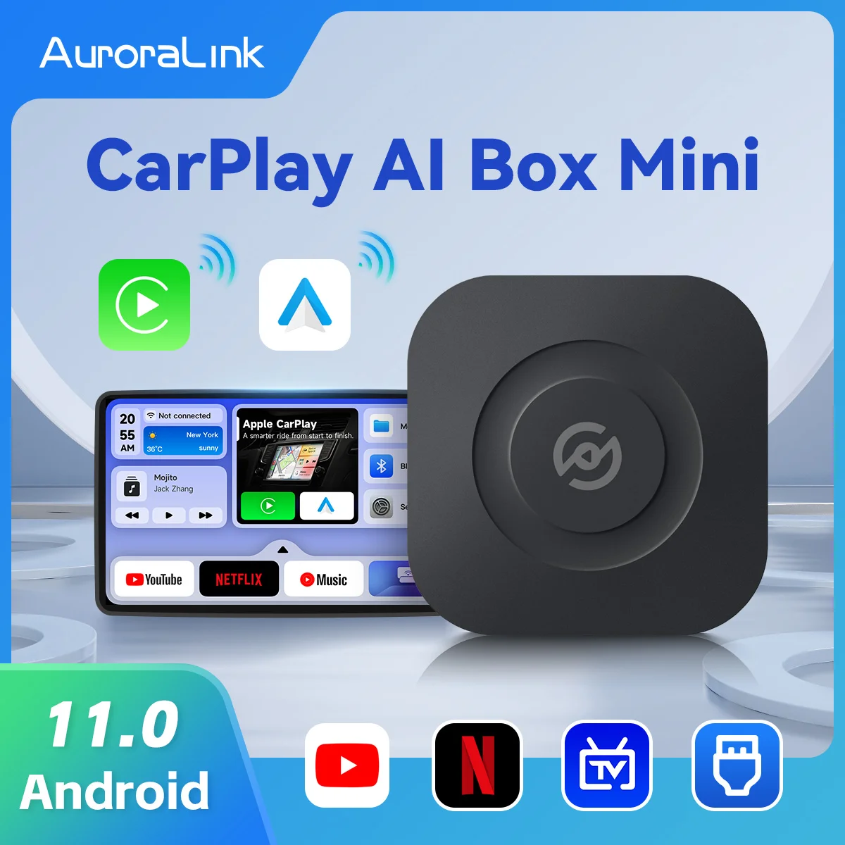 AuroraLink CarPlay Ai Box Mini Android 11 sans fil CarPlay Android Auto ...