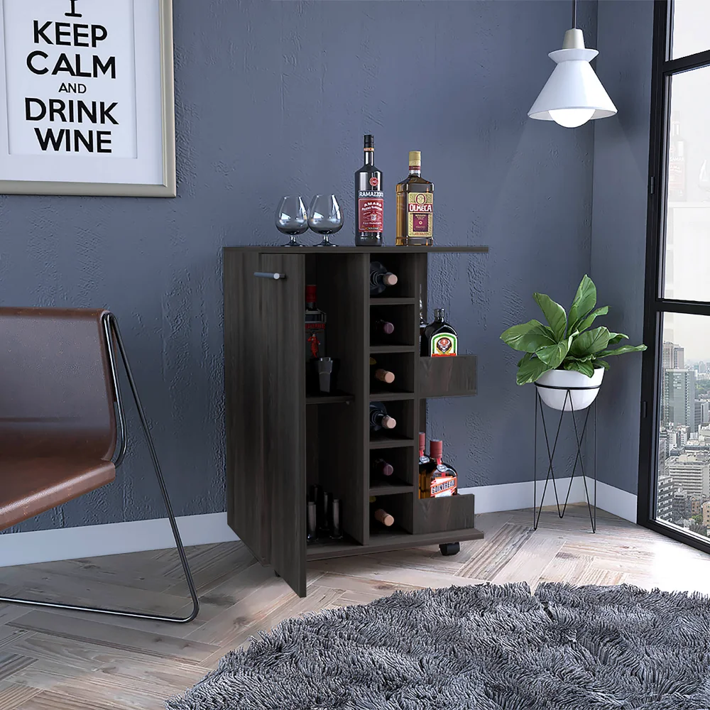 32" Oak Bar Cabinet with Wine Rack,Coffee Bar Table with 4 wheels Cabinet Storage Suitable for Home,Bars ,Cafes