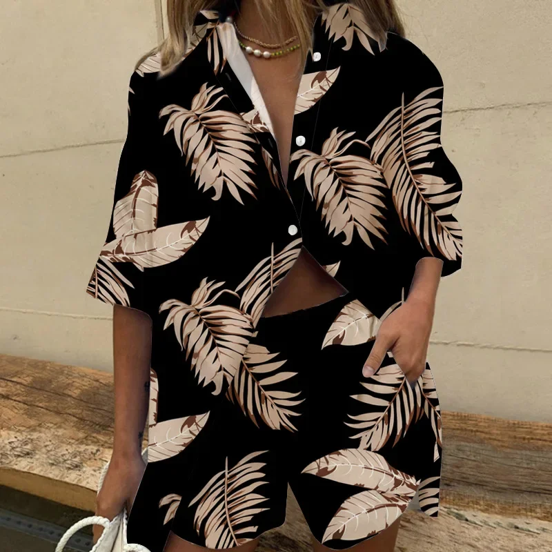 2 Pcs/Set Women Shirt Shorts Set Turn-down Collar Lapel Loose Casual Short Sleeve Single-breast Tops Pockets Shorts Set Outfits