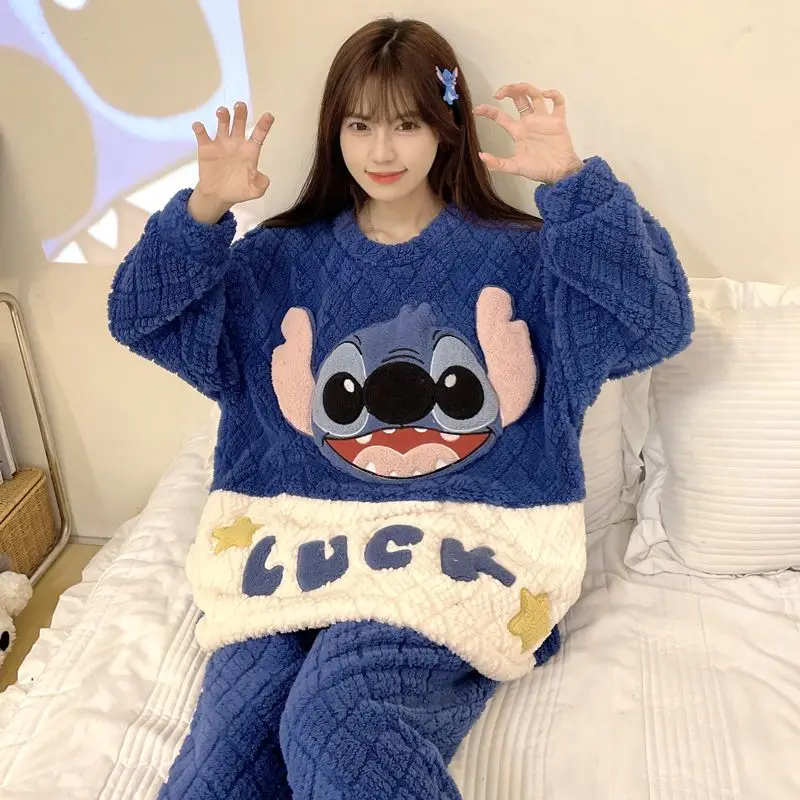Women Pajamas Winter New Female Coral Velvet Thickened Fleece Lined Cute Cartoon Homewear Suit Round Neck Warm Nightclothes 2024