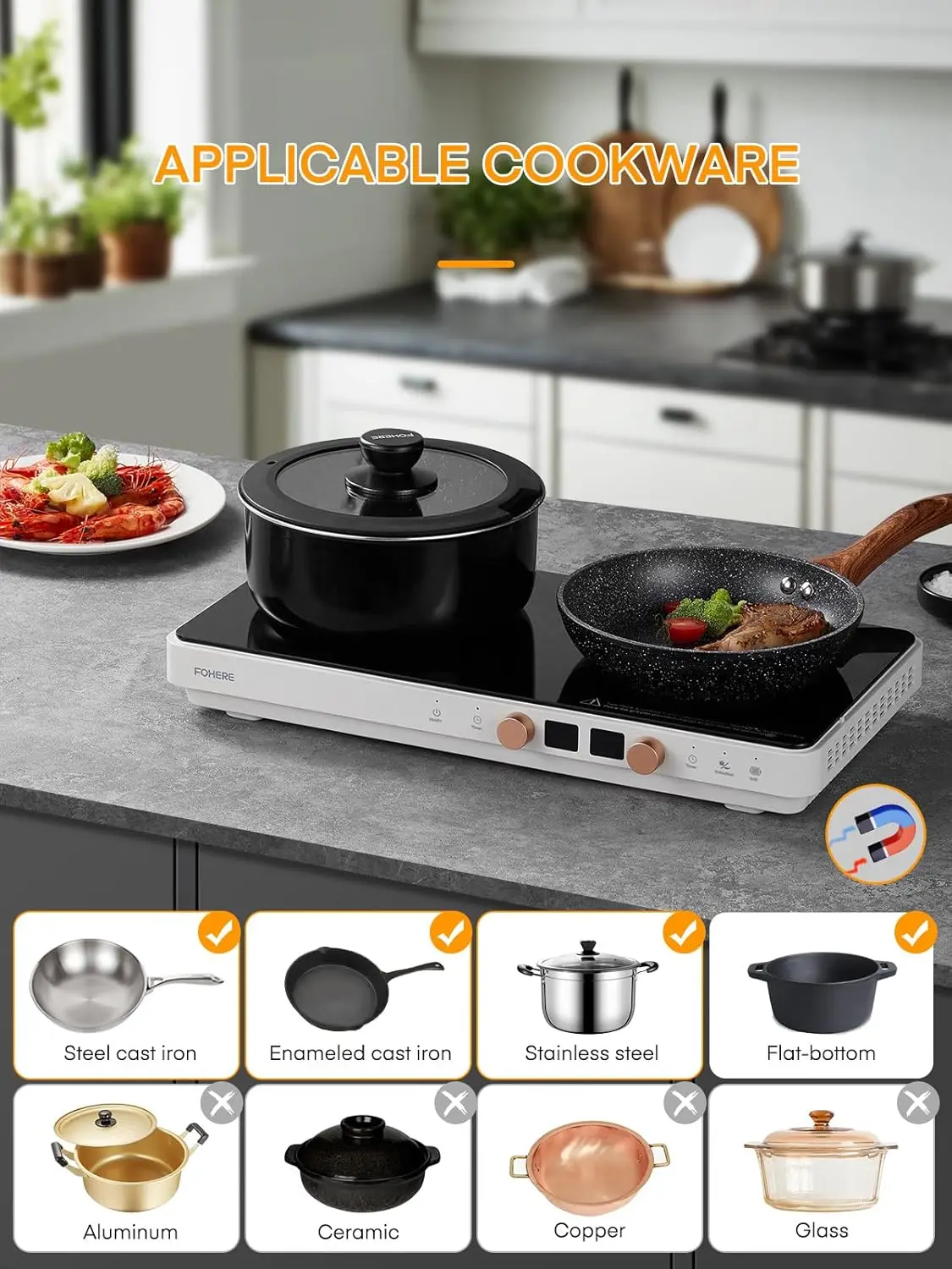 Cooktop 2 Burners, Double Induction Hot Plate with Removable Iron Cast Griddle Pan Non-stick, Independent Temperature Control,To 4