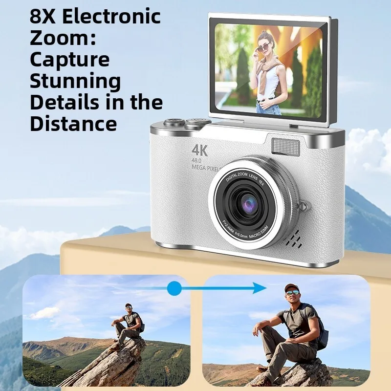 학생용 4K CCD 디지털 카메라 48MP 컴팩트 디지털 사진기 180 ° 어린이 및 성인 초보자용 플립 스크린 카메라