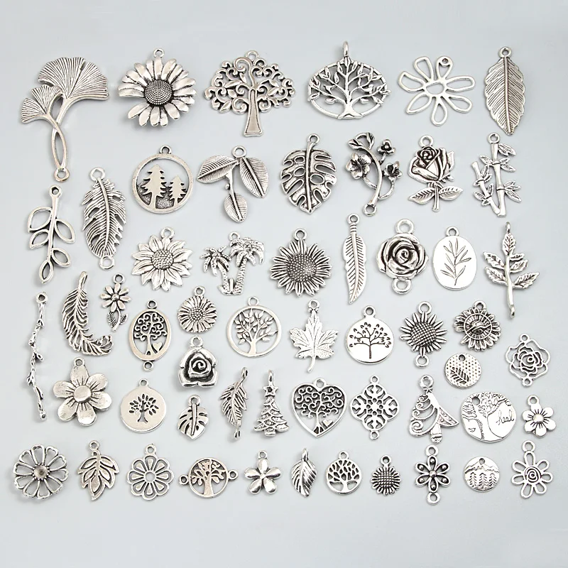 30pcs Random Mix Silver Color Tree Flower Leaf Charms Plants Nature Pendant Jewelry Making DIY Handmade Craft Accessories