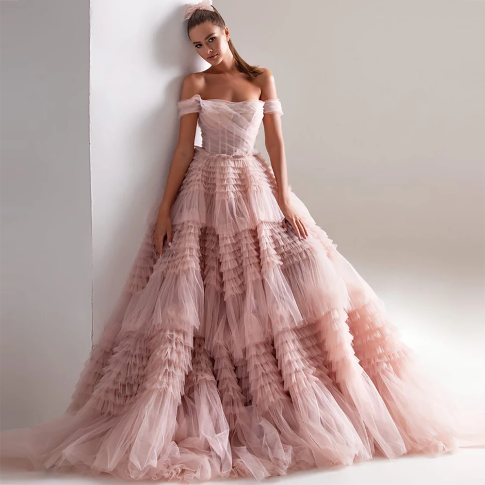 

Sevintage Dusty Pink Long Prom Dresses Sweetheart Crumpled Tulle Ruffles Evening Dresses Off Shoulder Tiered A-Line Party Dress