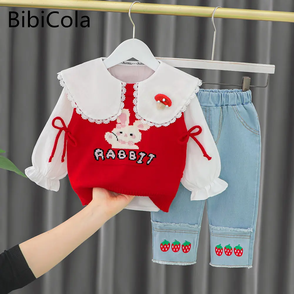 

Casual Baby Girl Clothes Set Spring Autumn Girls 3PCS Clothing Suiit Flower Sweater Vest +Long Sleeve Shirt + Jeans 1-4Year