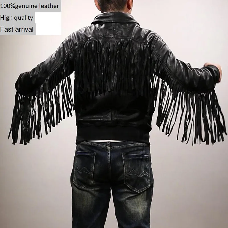 

Halley Angel locomotive tassel 100% genuine leather jacket men's Lapel slim fit flying suit A2