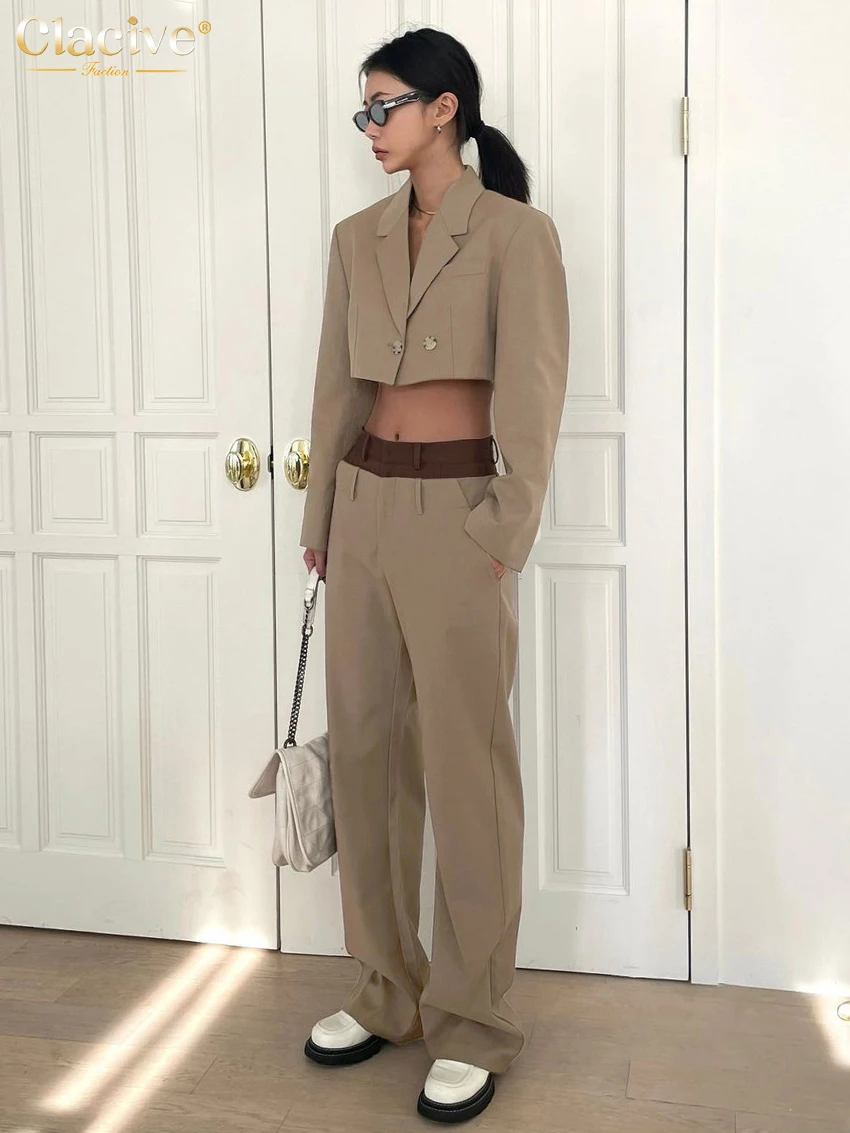 Clacive Fashion Slim Khaki 2 Piece Sets Women Outfit Elegant Long Sleeve Crop Shirt With Mid Waist Straight Pants Set Female